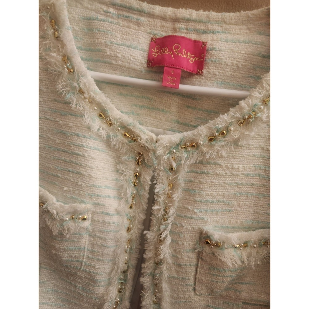Lilly Pulitzer Green Gold Crystal Water Boucle Lurex Cropped Lia Jacket Blazer 8 - Picture 4 of 7
